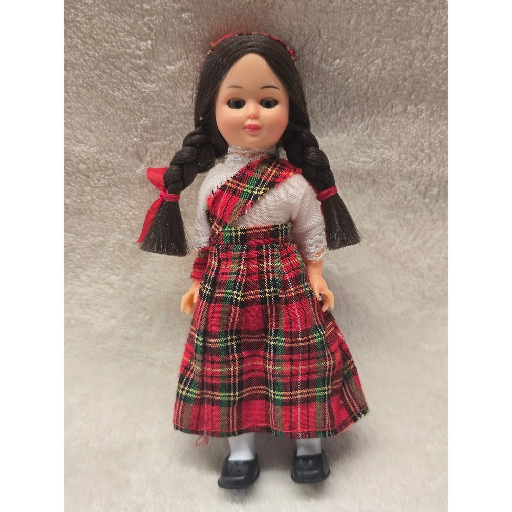 Vintage Scottish Souvenir Doll Red Tartan Kilt Sleep Eyes Braids Heritage Decor